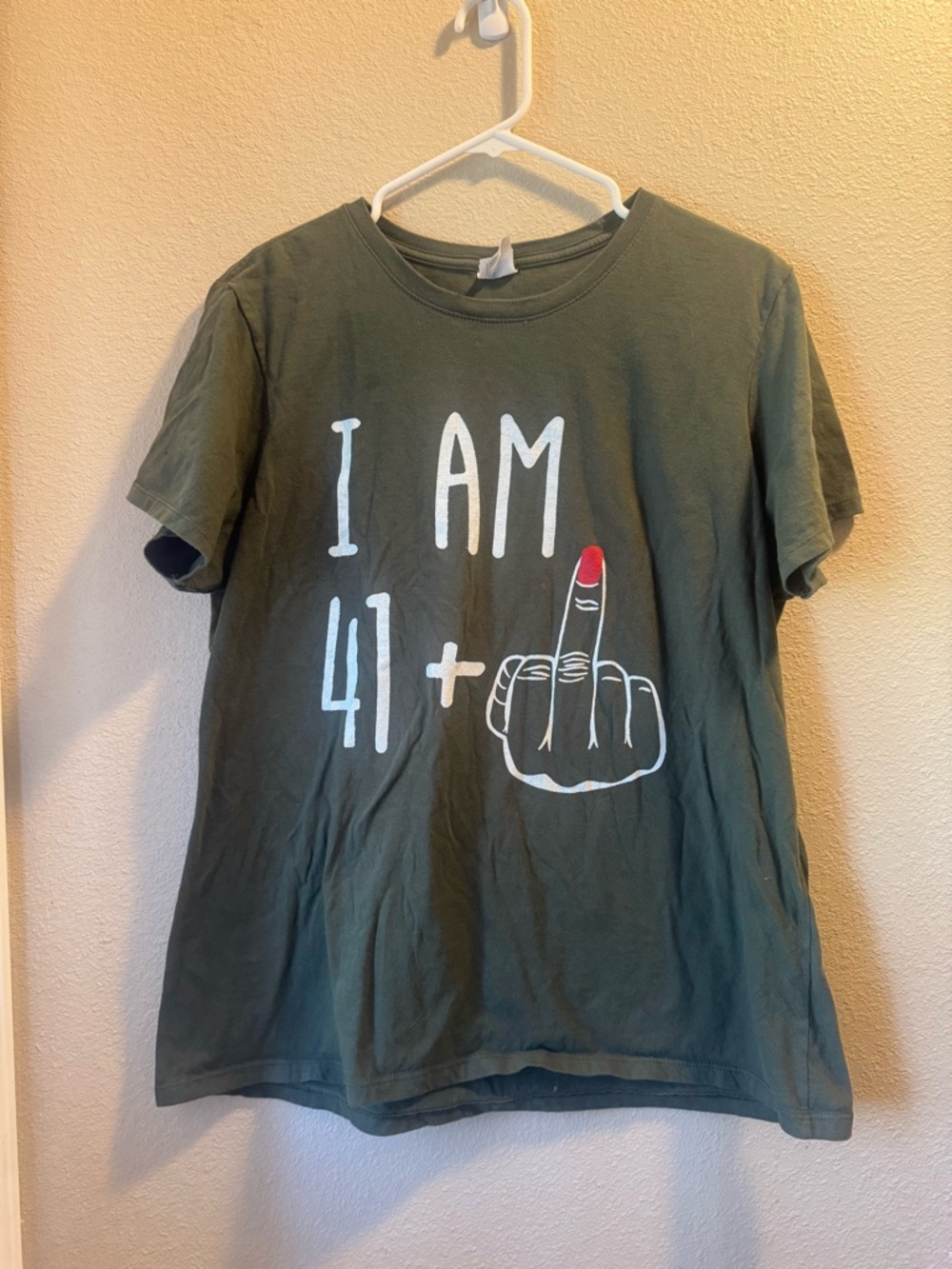 Port and Company Olive Graphic Tee with White Print and Red Accent